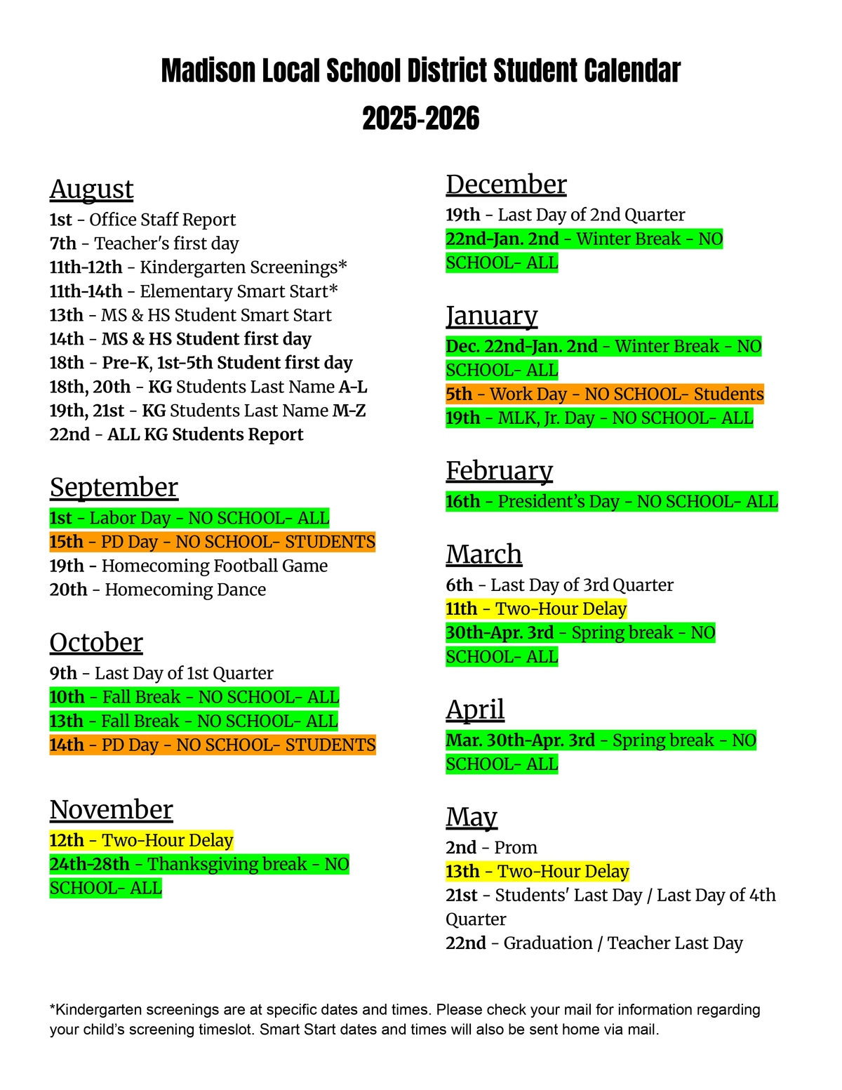 2025-2026 Student Calendar
